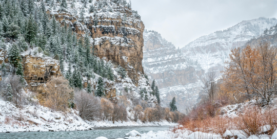 Snow storm over Colorado River in Glenwood Canyon at Grizzly Creek Rest Area